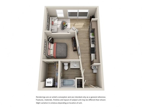 Floor plan for 1 bed, 1 bath, 595 sqft